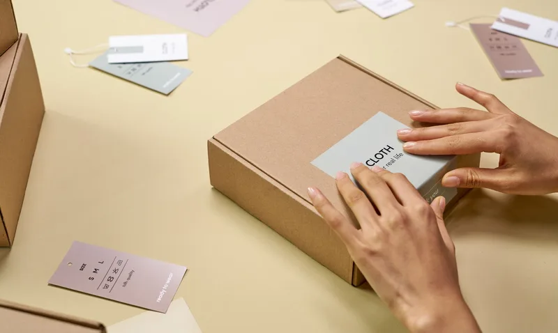 Hands applying a branded label to a packaging box surrounded by scattered product tags