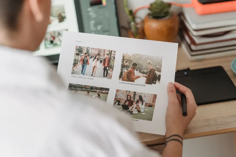 Person reviewing a printed sheet of portfolio work samples over their shoulder, near a laptop and tablet