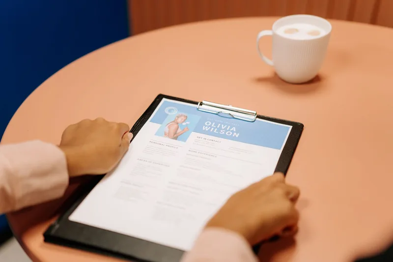 Close-up of a resume document being reviewed at a desk